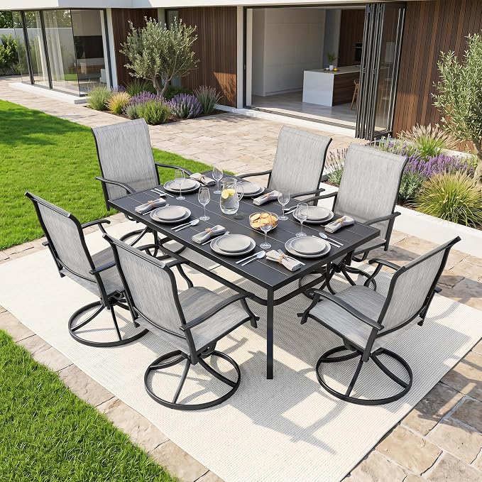 NUU GARDEN 7-Piece Patio Dining Set with Umbrella Hole, Rectangular Metal Outdoor Dining Table and Textilene Swivel Chairs, Patio Furniture Set for Garden Deck Backyard Balcony, Light Gray