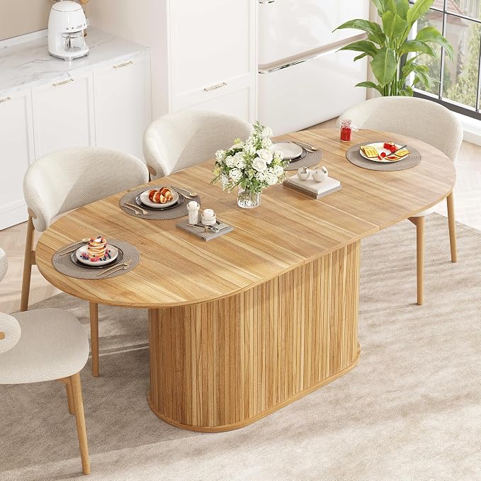 55.11"-70.86" Extendable Dining Room Table, Oval Dining Table Set for 4 People, Mid Century Modern Dining Table for Gatherings, Meeting, Small Kitchens, Dining Office Areas, Natural
