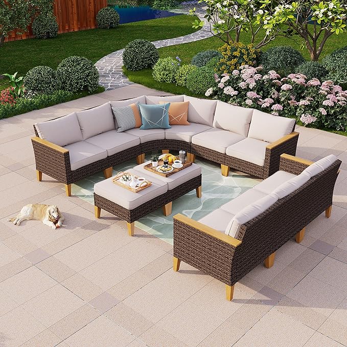 PHI VILLA 11-Piece Outdoor Sectional Patio Conversation Set, Half-Moon Curved Wicker Furniture Set for 11 Seats with Cushioned 2 x Fan-Sofa, 4 x Armrest Sofa, 3 x Armless Chair and 2 x Ottoman, Beige