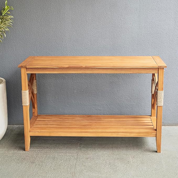 Cambridge Casual Sierra Teak Wood Outdoor Console Table with Accent Wicker, Natural Teak, Narrow Garden Table with Bottom Shelf for Patio, Deck, Entry Way or Poolside – Weather-Resistant