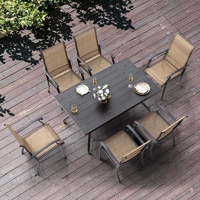 NUU GARDEN 7 Pieces Patio Dining Set, All-Weather Outdoor Furniture with 6 Textilene Dining Chairs and 61" Rectangle Metal Dining Table with Umbrella Hole for Patio Deck Garden, Black and Brown
