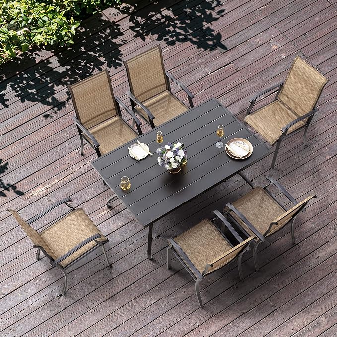 NUU GARDEN 7 Pieces Patio Dining Set, All-Weather Outdoor Furniture with 6 Dining Chairs and 1 Rectangle Steel Dining Table with Umbrella Hole for Patio Deck Garden, Black and Brown