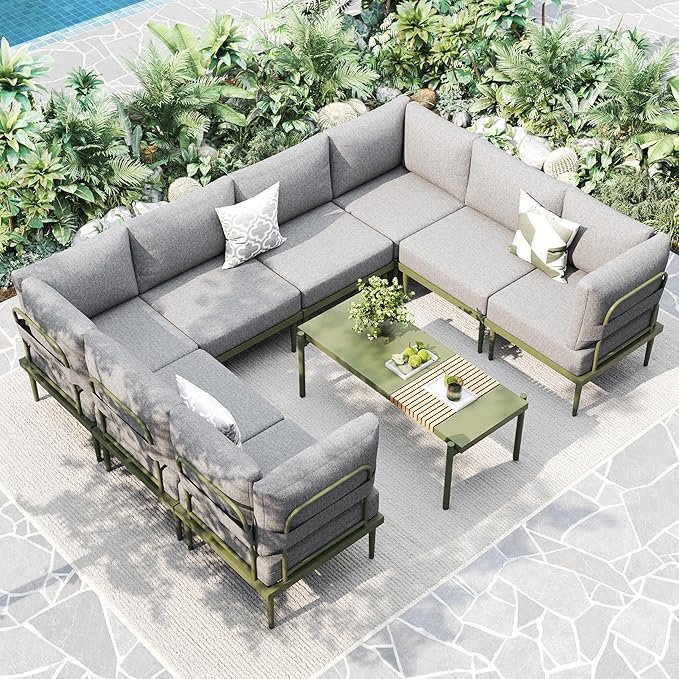 Metal Patio Furniture Set, 9 Pieces Outdoor Sectional Couch Sets with Coffee Table, U Shaped Outdoor Conversation Set with 6" Thick Cushion for Deck, Patio & Courtyard (Gray/Green)