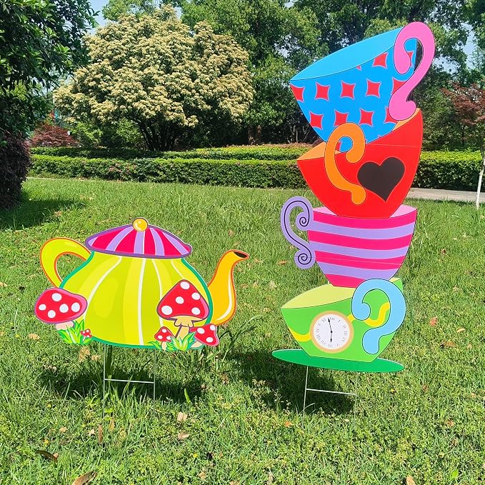 2 Pcs Giant Alice Party Decorations Props Sets Wonderland Yard Signs Decor Mad HatterTea Party Decoration Alice Themed Trick or Treat Stacked TeacupsTeapot with Stakes Stand Indoor Outdoor
