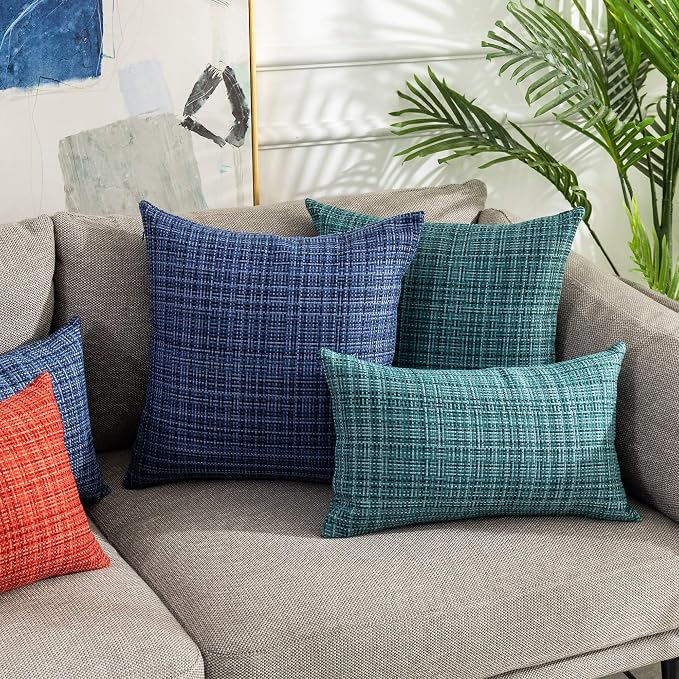 Kevin Textile Outdoor Waterproof 26x26 Inch Pillow Covers 2 Pack, Teal | Water Resistant, Faux Linen Yarn-dyed, Woven Texture Euro Throw Pillow Covers for Tent Patio Garden Couch Sofa