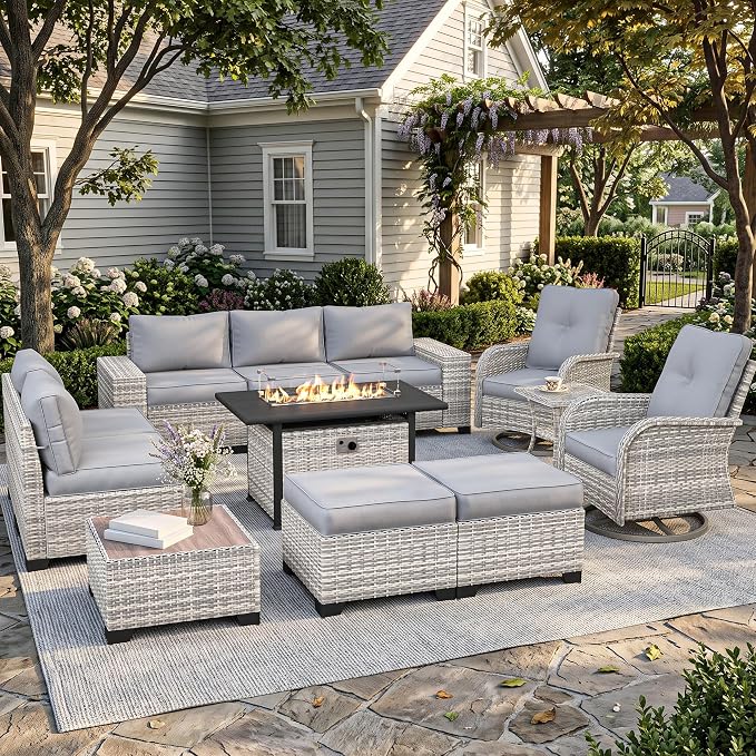 12-Piece Outdoor Patio Furniture Set with Rocking Swivel Chair, PE Wicker Rattan Sectional Sofa 55,000 BTU Fire Pit Table Patio Conversation Set with Ottomans and Chunky Arms, Grey