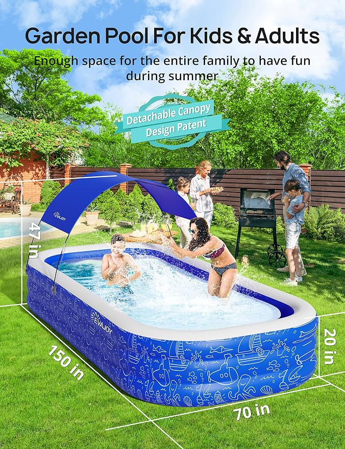Large Inflatable Swimming Pool with Canopy, 150” x 70” x 20” Full-Sized Inflatable Pool for Kids & Adults, Kiddie Pool with Sun Shade, Blow Up Pool for Backyard, Garden, Age 3+, Blue