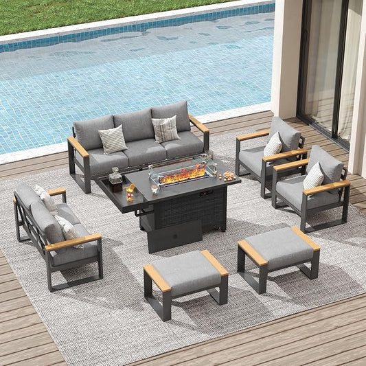 Sundale Outdoor Aluminum Patio Furniture Set, 7 Piece Outdoor Conversation Sets with Fire Pit, Ottoman and Washable Thick Cushions, All Weather Outdoor Sectional Set for Deck, Lawn, Yard (Grey)