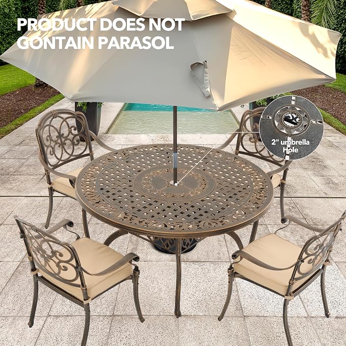 5-Piece Cast Aluminum Outdoor Table and Chairs, Classic Vintage Patio Dining Set for 4 Include 54.5" Round Dining Table and 4 Chairs with Removable Cushion and Umbrella Hole