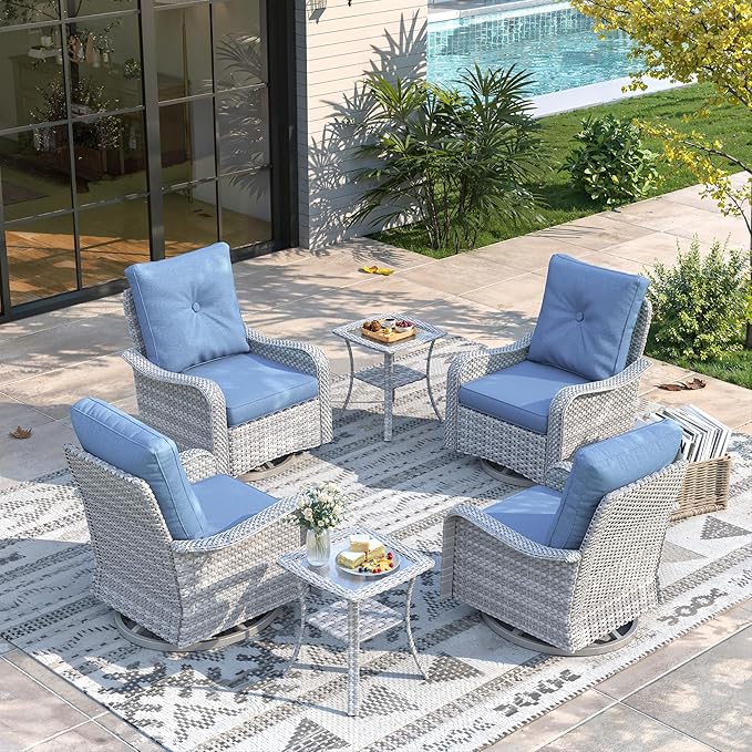 6 Piece Wicker Patio Furniture Set, Swivel Rocking Chairs with 4''Cushions, PE Rattan, Rust Resistant Frame, Double Layer Glass Side Table, for Backyard, Deck or Balcony, Navy