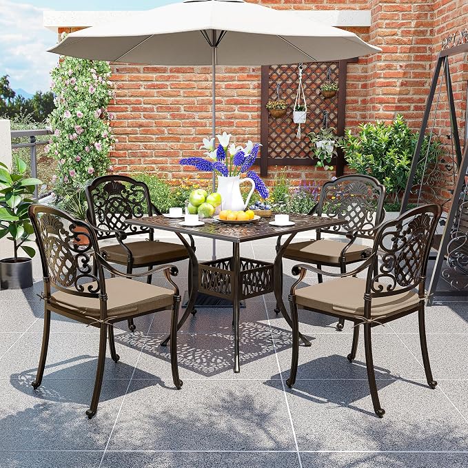Pamapic 5-Piece Patio Table and Chair Set, Cast Aluminum Dining Set with Vintage Table Top, Outdoor Furniture Set with 4 Outdoor Stackable Chairs for Patio, Garden, Poolside (with 4 Cushion,Bronze)