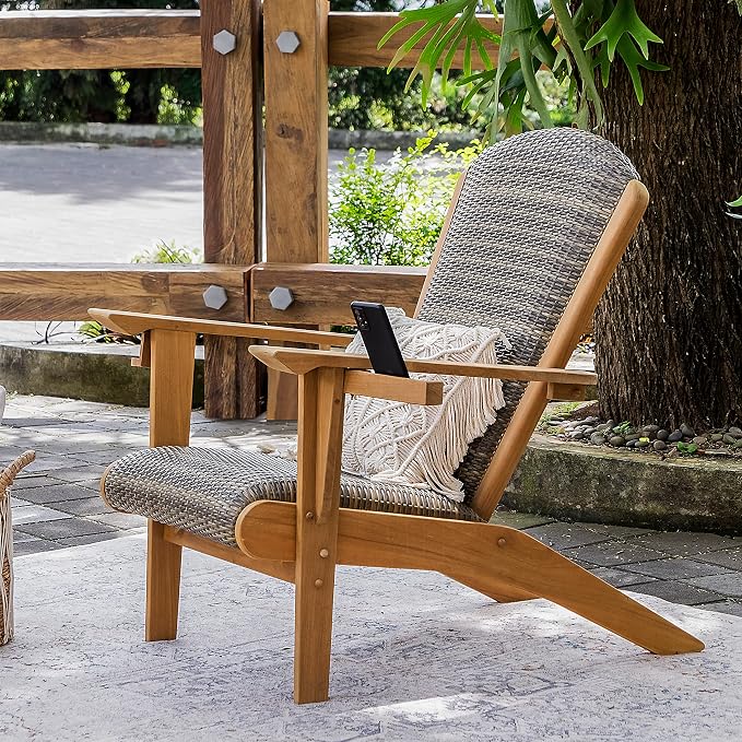 Cambridge Casual Camden Teak Wood Padded Woven Seat Patio Adirondack Conversation Set of 3, Chat Set with 2 Adirondack Chairs and Side Table, Free Patio Cover, Weather-Resistant