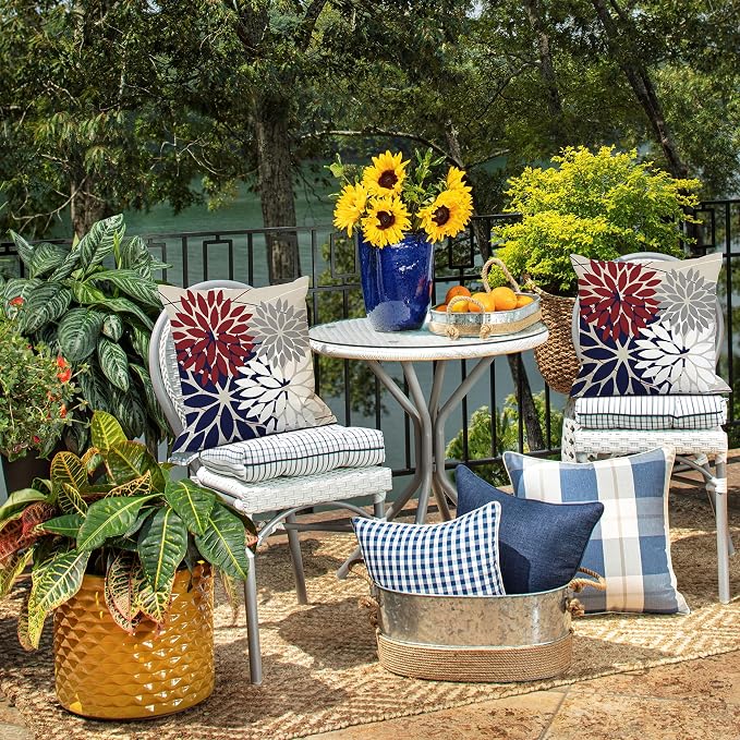 DFXSZ Pack of 2 Outdoor Waterproof Throw Pillow Covers 16x16 Red Blue | Polyester Spring Summer 4TH Of July Floral Decorative Cushion Cases(NO INSERT),For Couch Patio Funiture Garden Home Decor