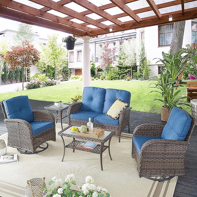 Belord Patio Furniture Swivel Glider PE Wicker Chairs, Outdoor Swivel Rocker Seating with Cushions for Porch Deck Balcony, Brown Wicker Blue Cushion