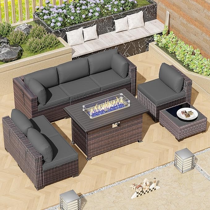 8 Pieces Outdoor Patio Furniture Set,Outdoor Sectional Furniture with 43" 55000 BTU Gas Propane Fire Pit Table,All Weather PE Rattan Wicker Patio Conversation Set,Grey