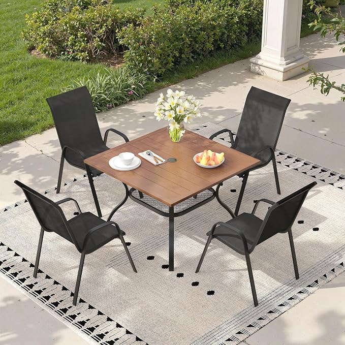 5 Pieces Outdoor Dining Set, 37.8" Square Table with Umbrella Hole & Stackable Patio Dining Chairs, Patio Table and Chairs Set for Deck Garden Porch, Black Chairs & Walnut Table