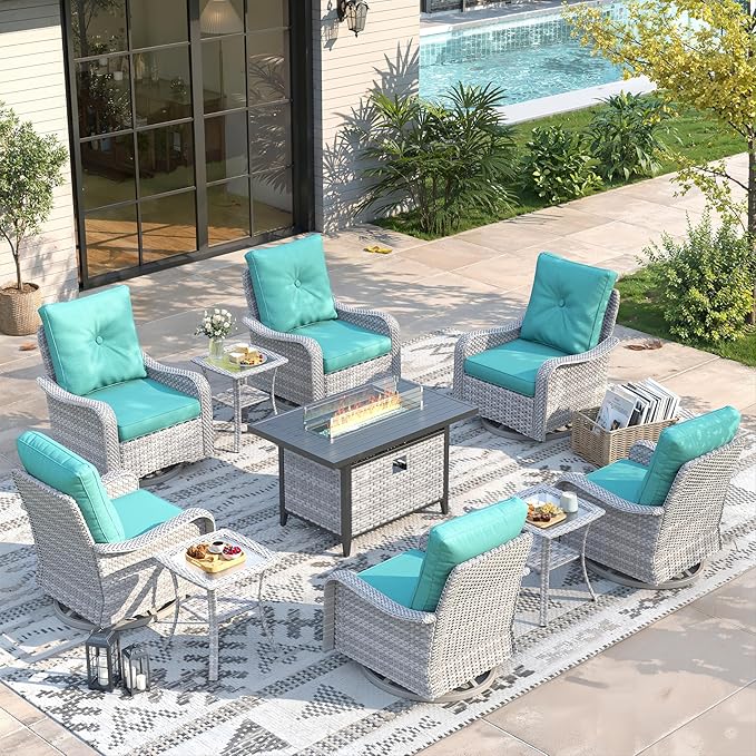 10 Piece Wicker Patio Furniture Set with 55,000 BTU Fire Pit Table, Swivel Rocking Chairs, 4''Cushions, PE Rattan, Wind Guard Glass, for Backyard, Deck or Balcony, Blue