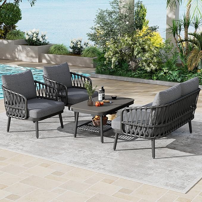 Montary 4-Piece U-Shaped Outdoor Patio Conversation Set - Metal Chairs with Woven Rope Design, Includes Acacia Coffee Table & Thick Cushions for Garden,Poolside, Balcony, Backyard (Gray)