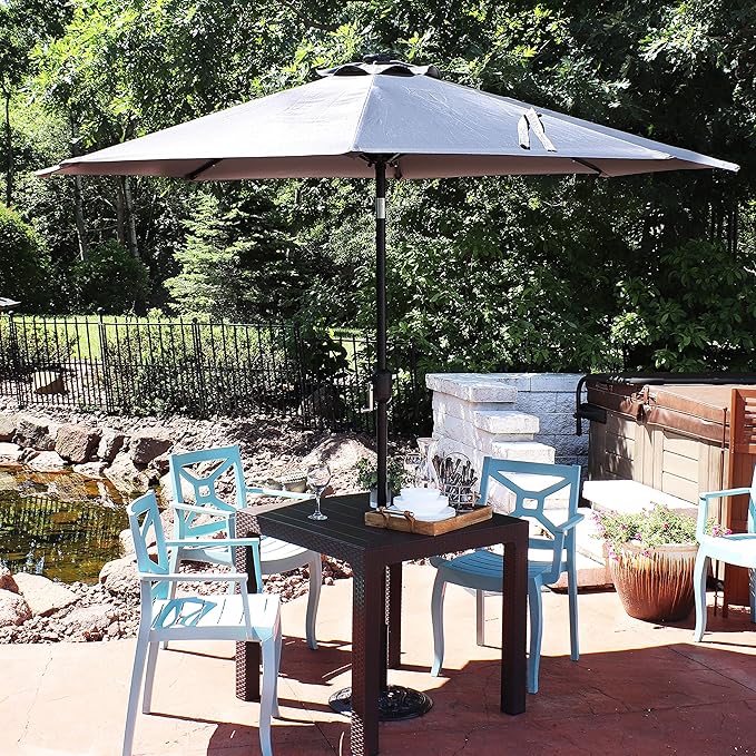 Sunnydaze 9 ft Outdoor Patio Umbrella with Solar Lights - Polyester LED Table Market Umbrella with Push-Button Tilt and Crank - Gray