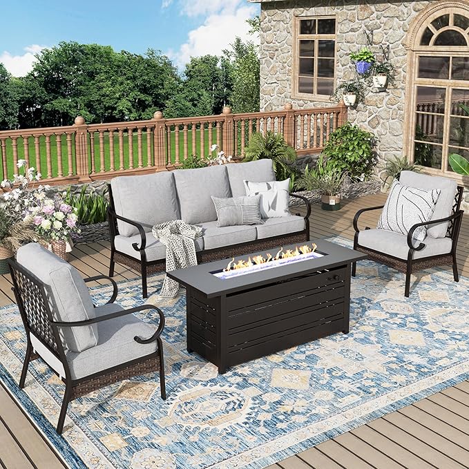 Patio Furniture Set with Fire Pit Table, 4 PCS Metal Outdoor Conversation Set with 5.75'' Extra Thick Cushion, 2 Chairs, 3-Seat Sofa and Gas Fire Pit Table, Light Grey