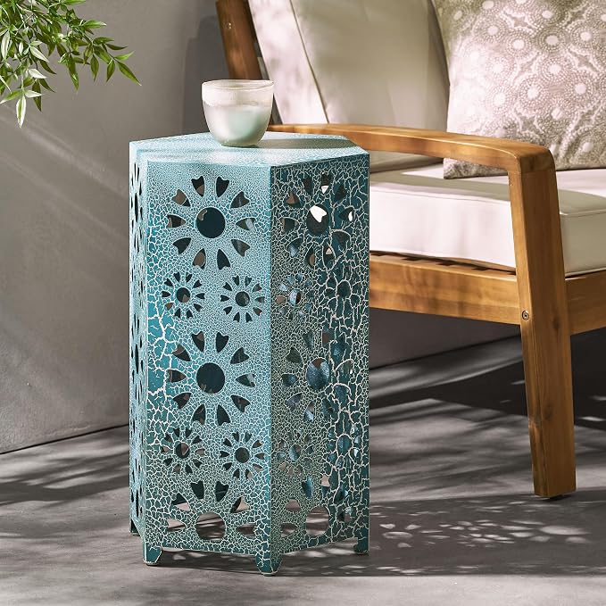 Christopher Knight Home Eliana Outdoor 14" Sunburst Iron Side Table, Crackle Teal