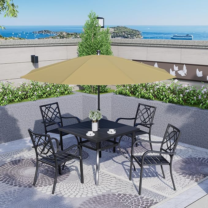 SOLAURA 6-Piece Outdoor Patio Dining Set, 4 Person Outside Table and Chairs Set, Metal Stacked Chairs of 4, Slat Table Top with 1.57" Umbrella Hole and 9 FT Patio Umbrella (Black)