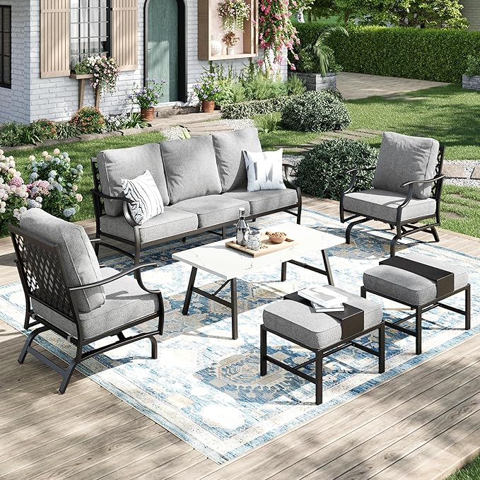 Patio Furniture Set 6 pcs, Outdoor Patio Furniture, 3-Seat Sofa, 2 Rocking Chairs, 2 Ottomans, Coffee Table and 5.75" Extra Thick Cushion, Patio Conversation Set for Backyard Deck,Grey