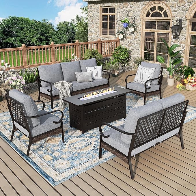 Patio Furniture Set with Fire Pit Table, Metal Outdoor Conversation Set with 5.75'' Extra Thick Cushion, 2 Leg Chairs, Loveseat Sofa, 3-Seat Sofa and Gas Fire Pit Table, Grey