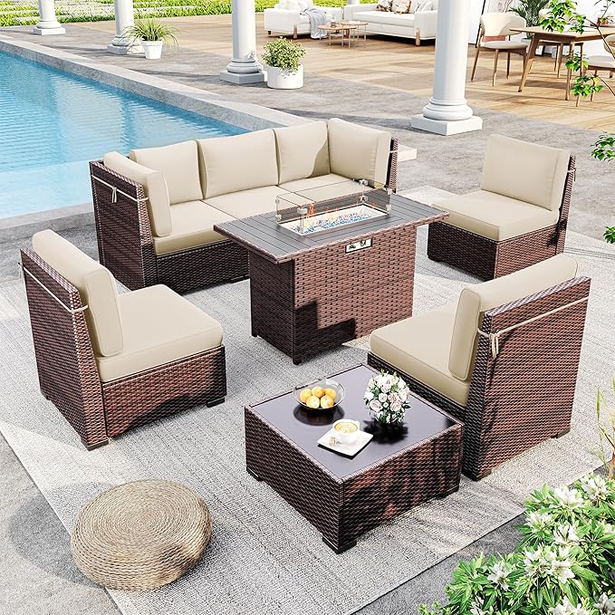 Outdoor Patio Furniture Set with 44" Fire Pit Table 8 Pieces Rattan Patio Sectional Sofa Conversation Set w/55000 BTU Propane Gas Fire Pit, Coffee Table, 2 Waterproof Covers, Khaki