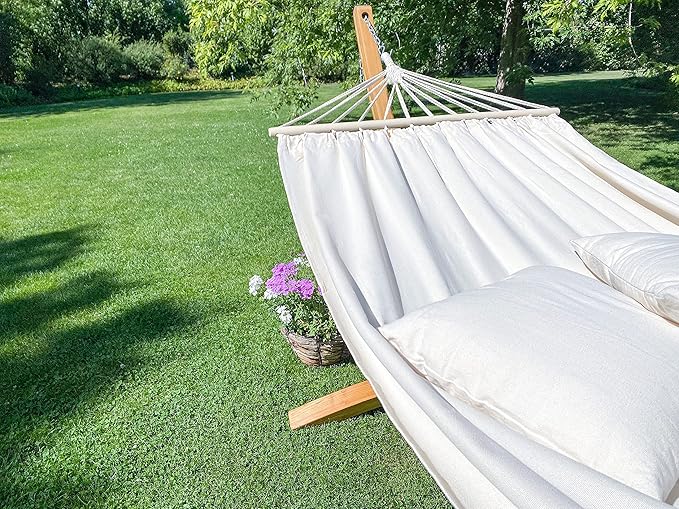 LA SIESTA® Chillounge Hammock with Spreader Bar & Wood Stand, Weatherproof Outdoor Hammock with Stand for Outside Patio Backyard, Wooden Hammock Stand, Heavy Duty Hammock and Stand -Max 265 Lbs, Beach