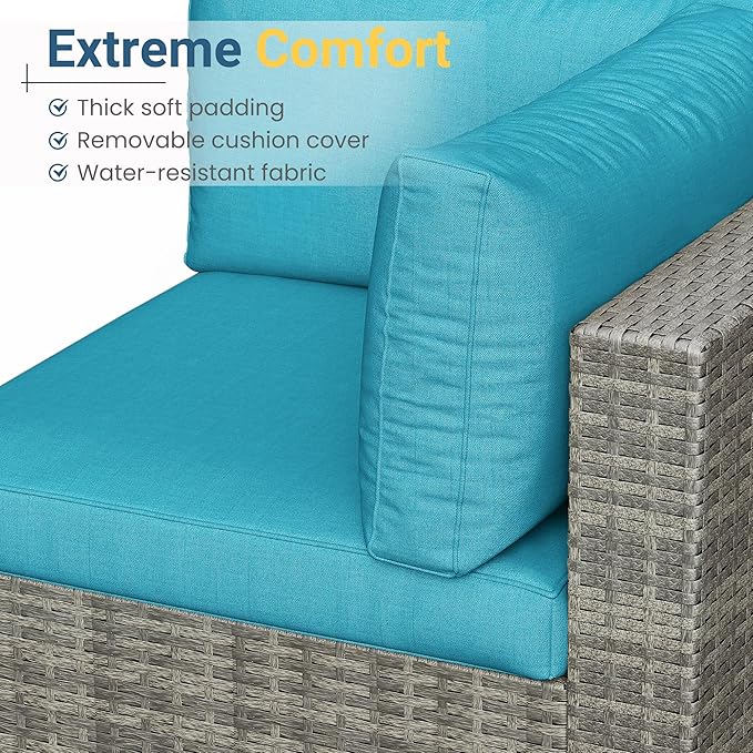 RoyalCraft Outdoor 7-Piece Patio Furniture Set, Wicker Patio Conversation Sets with Cushions and Coffee Table, All Weather Outdoor Modular Sectional Sofa for Porch Balcony Backyard Deck, Light Blue
