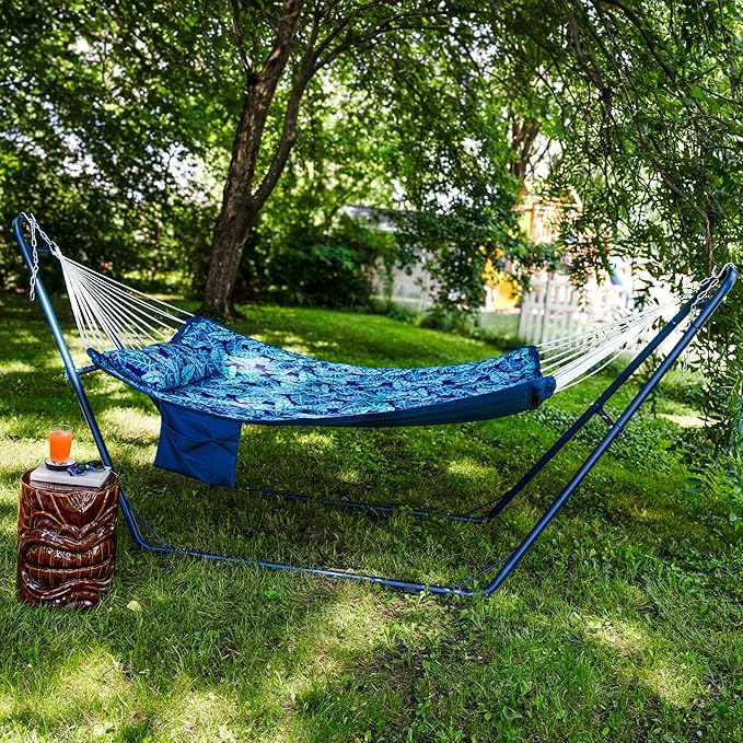 Sunnydaze Quilted Fabric Double Outdoor Hammock - 2-Person Hammock with Metal Curved Spreader Bars - Tropical Palms