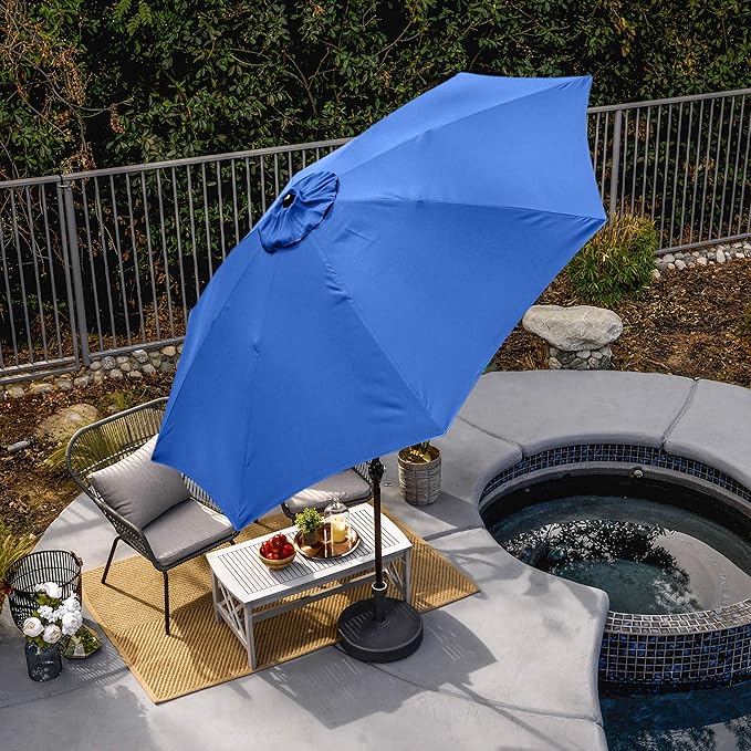 Sunline 9 ft Patio Umbrella with Crank & Push Button Tilt, Outdoor Market Umbrella with UV Protection & Wind Vent and Fiberglass Ribs, Metal Frame for Deck, Pool & Table, Pacific Blue