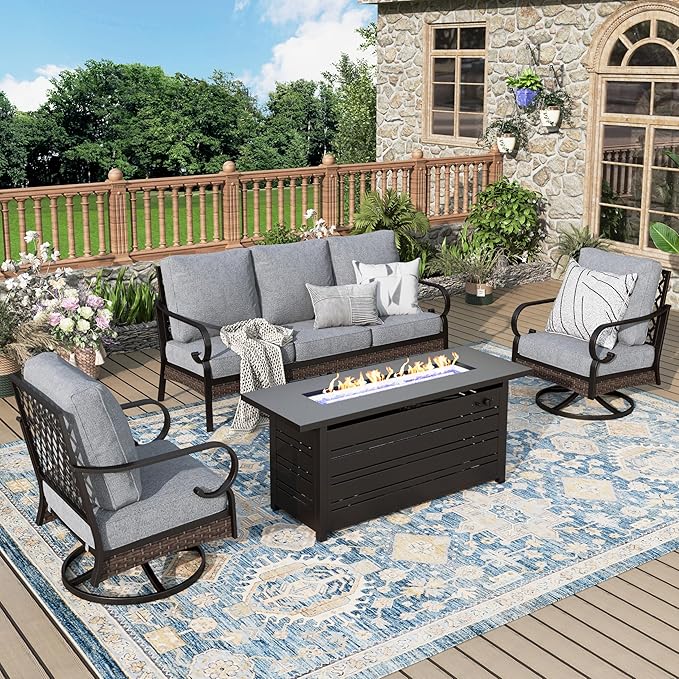 Patio Furniture Set with 56'' Fire Pit Table, Black Metal Frame Outdoor Conversation Set with 2 x Swivel Chairs, 1 x 3-Seat Sofa for Lawn Garden Backyard, Grey