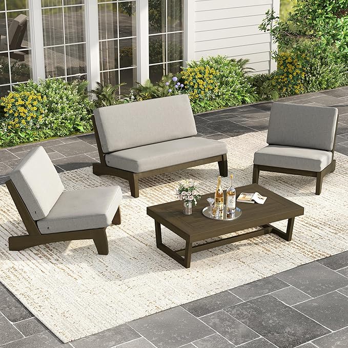 UIXE Wood Patio Furniture Sets, 4 Pieces All Weather Outdoor Sectional Futniture Patio Sofa Chair Backyard Conversation Set with Solid Wooden Coffee Table - Light Camel