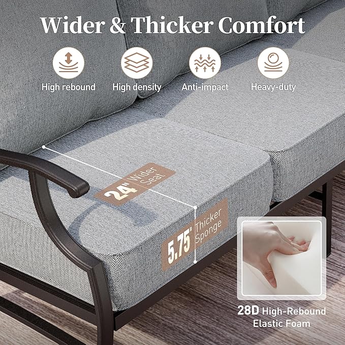 7 Piece Metal Outdoor Patio Furniture Set, Patio Conversation Sets 1 3-seater Sofa, 4 Fixed Chair, 2 Ottomans with 5.75" Thick Cushion, Black All-weather Frame Backyard Furniture, Gray