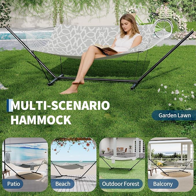 IDEALHOUSE Double Hammock with Stand, 2 Person Outdoor Hammock, 450 Lb Capacity, Pillow Included, 12 ft Stand for Patio, Backyard, Poolside, Light Gray