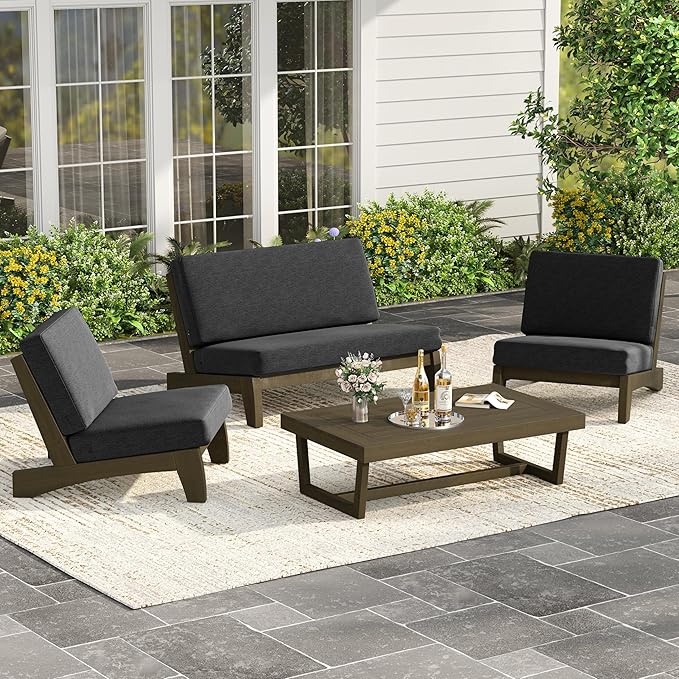 UIXE Wood Patio Furniture Sets, 4 Pieces All Weather Outdoor Sectional Futniture Patio Sofa Chair Backyard Conversation Set with Solid Wooden Coffee Table - Dark Gray