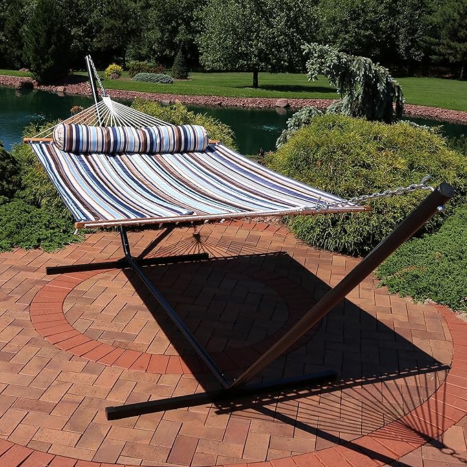 Sunnydaze Quilted Double Hammock with Stand for Outside - 400-Pound Capacity 2-Person Hammock with Stand - 15-Foot Stand - Ocean Isle