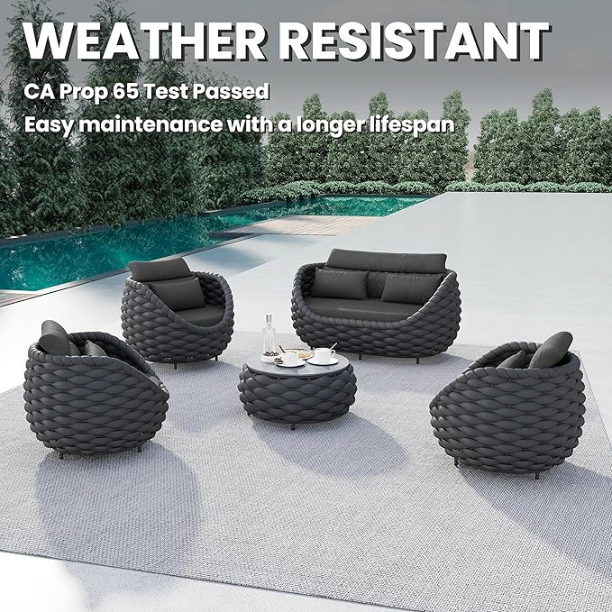 Aluminum Outdoor Seating Set: 5 Pieces Woven Rope Patio Furniture Conversation Set - Modern Deck Loveseat Set Cushioned - Assembled Metal Porch Lounge Set for Yard Garden Lanai Hotel, Dark Grey