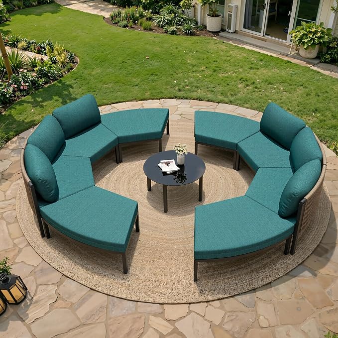 Crestlive Curved Patio Furniture Set, Modular Half Moon 8-Seater Sofa with Round Coffee Table, Aluminum Outdoor Sectional with 4.3" Cushions, All-Weather Couch for Backyard, Deck, Porch, Poolside