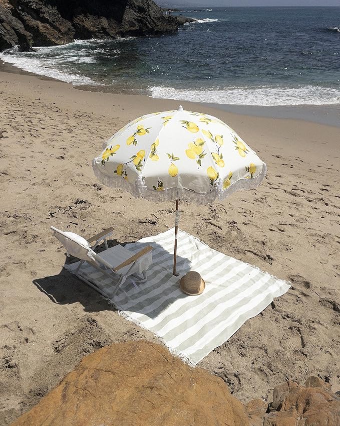 Business & Pleasure Co. Holiday Umbrella - Boho Beach Umbrella with White Fringe, UPF 50+, 1" Tilting Wood Pole, 5’ x 6.5’, Vintage Lemons