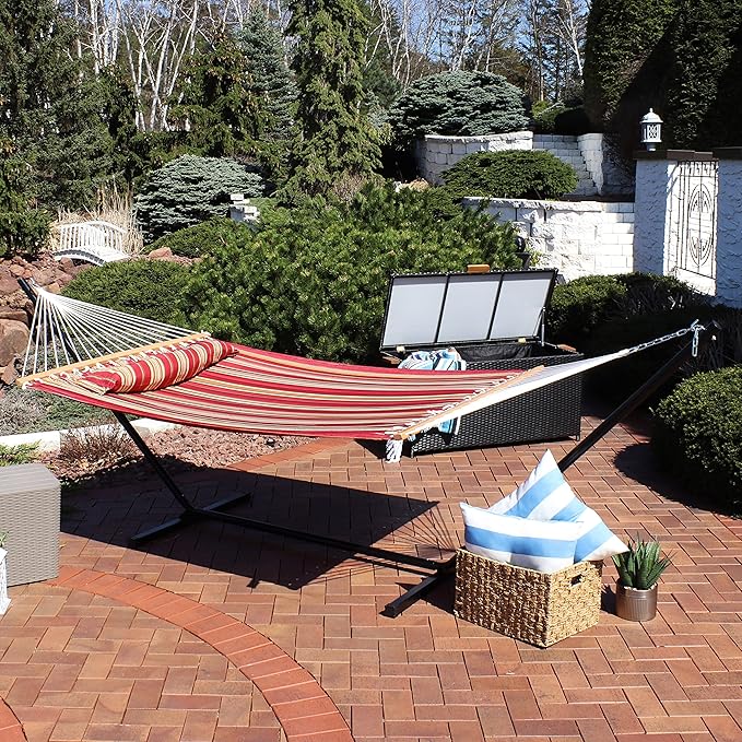 Sunnydaze Quilted Double Hammock with Stand for Outside - 350-Pound Capacity 2-Person Hammock with Stand - 12-Foot Stand - Red Stripe