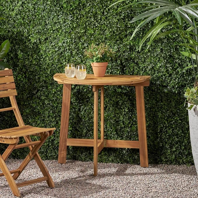 Outdoor Foldable Acacia Bistro Table, Half-Round Wall-Mounted Patio Dining Set, Natural Finish