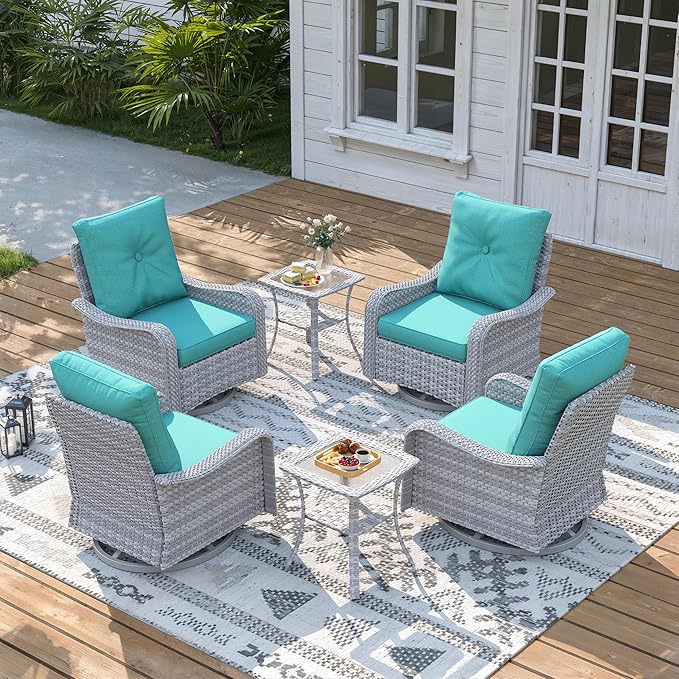 6 Piece Wicker Patio Furniture Set, Swivel Rocking Chairs with 4''Cushions, PE Rattan, Rust Resistant Frame, Double Layer Glass Side Table, for Backyard, Deck or Balcony, Blue