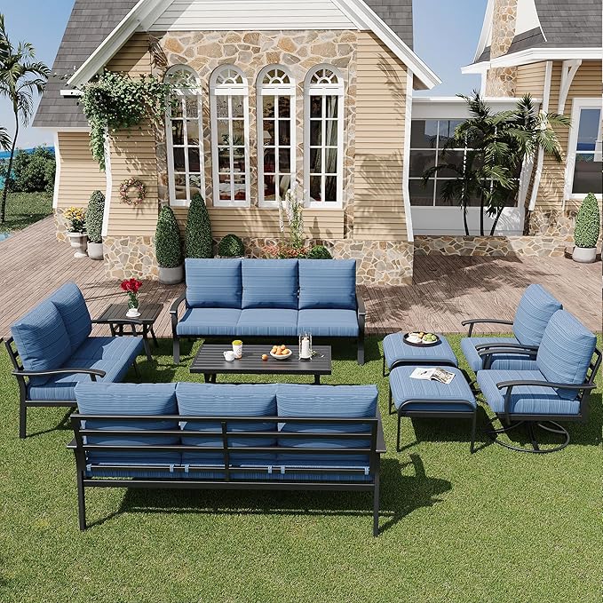HOMREST 9 PCS Outdoor Patio Furniture Set with 2 Swivel Rocking Chairs and Metal Coffee Side Table, Patio Conversation Set with 2 Ottomans and 2 3-Seat Sofas, Loveseat for Big Garden, Deck, Poolside