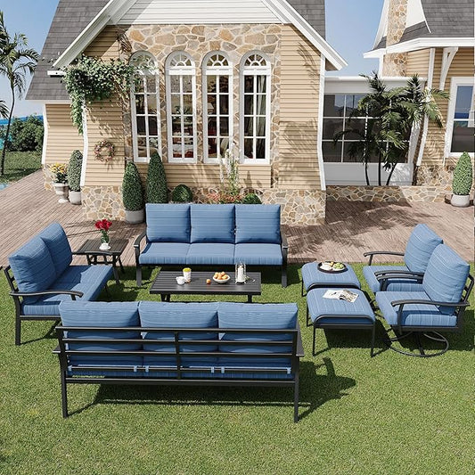 HOMREST 9 PCS Outdoor Patio Furniture Set with 2 Swivel Rocking Chairs and Metal Coffee Side Table, Patio Conversation Set with 2 Ottomans and 2 3-Seat Sofas, Loveseat for Big Garden, Deck, Poolside