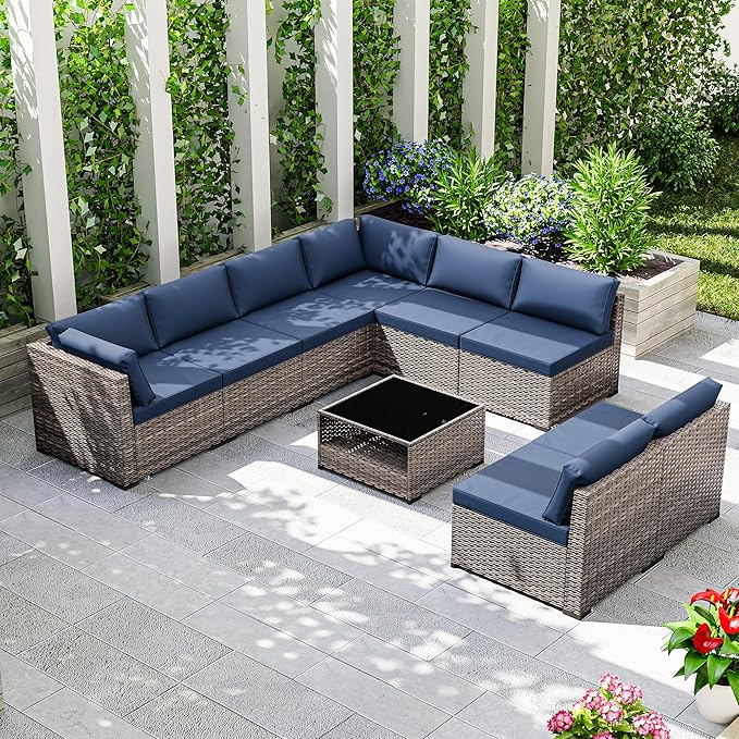Joyside 9-Piece Patio Furniture Set, Rattan Outdoor Sectional Wicker Patio Conversation Set with Cushions and Coffee Table
