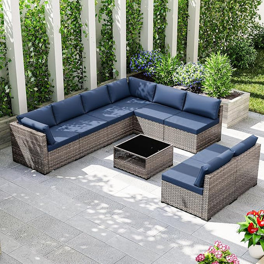 Joyside 9-Piece Patio Furniture Set, Rattan Outdoor Sectional Wicker Patio Conversation Set with Cushions and Coffee Table