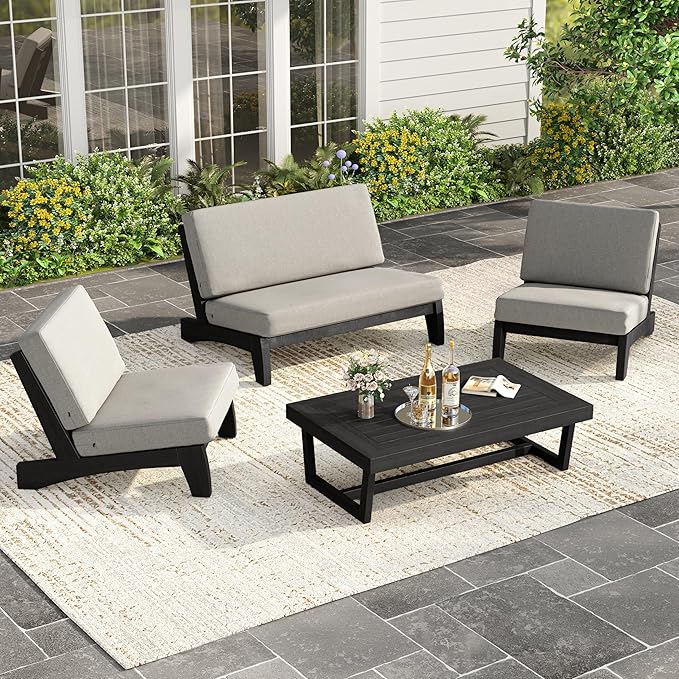 UIXE Black Wood Patio Furniture Sets, 4 Pieces All Weather Outdoor Sectional Futniture Patio Sofa Chair Backyard Conversation Set with Solid Wooden Coffee Table - Light Camel
